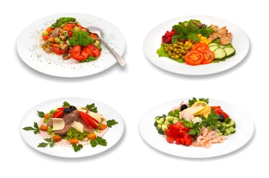 healthy food, set of different salads on plates, isolated on white