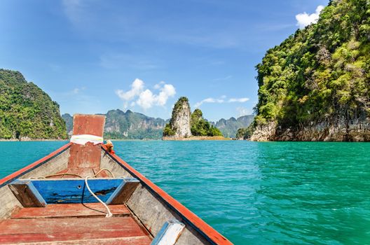 Travel by small boats at Ratchapapha dam in Khao Sok National Park Surat Thani province, Guilin of Thailand.