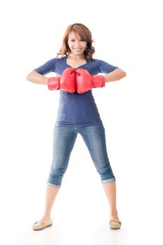 Fighting girl concept, full length portrait of Asian isolated on white.