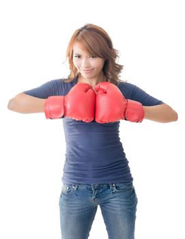 Fighting girl concept, closeup portrait of Asian isolated on white.