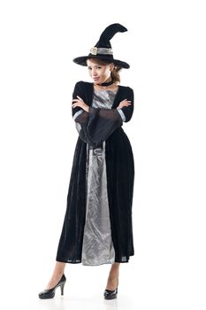 Asian witch woman, full length portrait isolated on white.