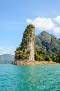 Beautiful island surrounded by water, Natural attractions at Ratchapapha dam in Khao Sok National Park, Surat Thani province, Guilin of Thailand.
