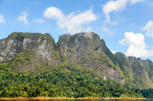 Beautiful mountain surrounded by water, Natural attractions at Ratchapapha dam in Khao Sok National Park, Surat Thani province, Guilin of Thailand.