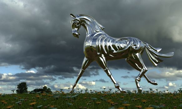 Metal horse running on summer meadow in cloudy weather