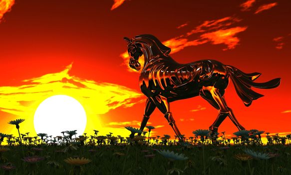 Metal horse running on summer meadow. Summer evening