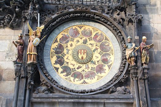 Photo captures details of Old Town Square Clocks in Prague, Czech republic.