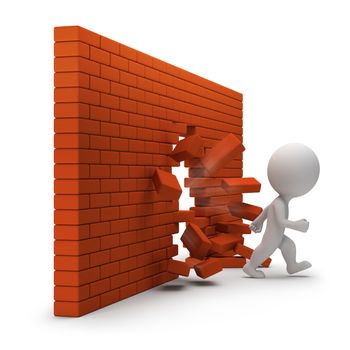 3d small person passing through a brick wall. 3d image. White background.