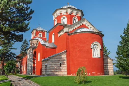 Temple of ascension in the courtyard of the monastery. 13th century Byzantine Romanesque monastery, Serbia