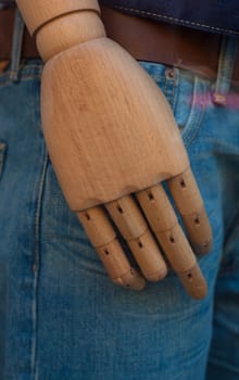 Close up of mannequin wooden hand