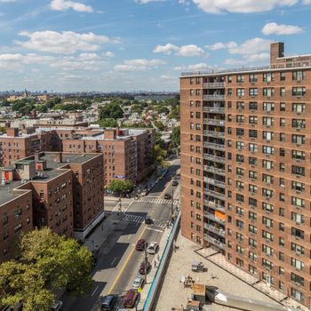 Aerial view of the buildings and streets of Rego Park area in Queens, New York