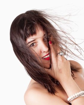 Portrait of a Young Woman with Brown Hair Looking - Isolated on White