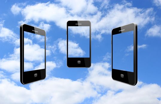 three modern mobile phones on the cloudy sky