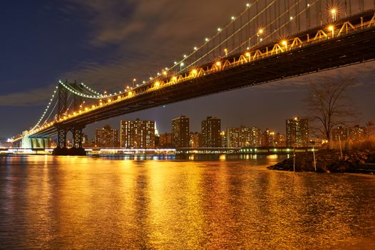 Manhattan Bridge and skyline view from Brooklyn in New York City at night