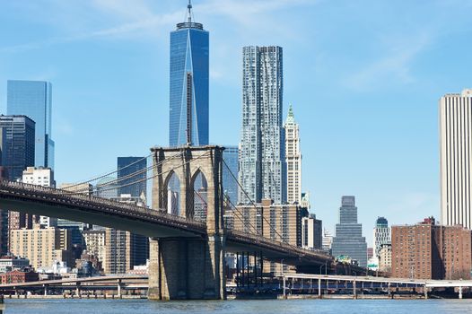 Brooklyn Bridge with lower Manhattan skyline in New York City