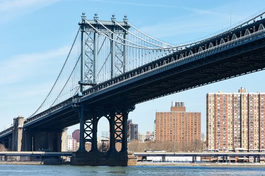 Manhattan Bridge and skyline view from Brooklyn in New York City