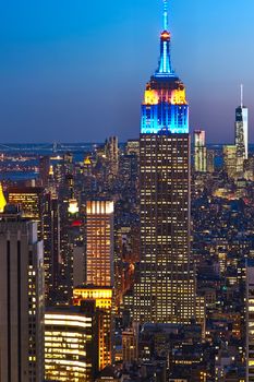 Cityscape view of Manhattan with Empire State Building, New York City, USA at night