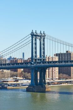 Manhattan Bridge and skyline view from Brooklyn Bridge in New York City