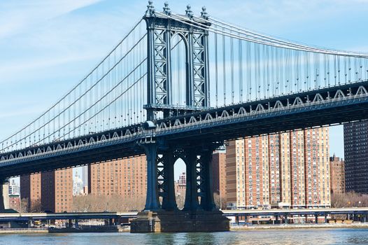 Manhattan Bridge and skyline view from Brooklyn in New York City