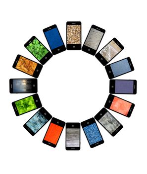 modern mobile phones with different colored images