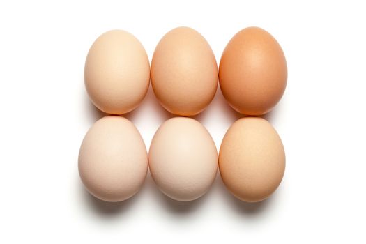 Chicken eggs on white background. Top view