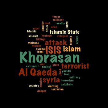 KHORASAN, ISIS and Al Qaeda word cloud on white background.