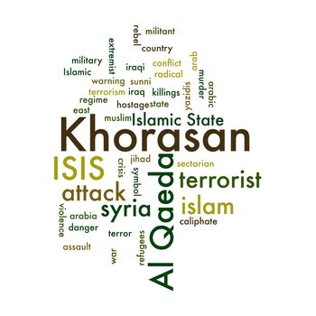 KHORASAN, ISIS and Al Qaeda word cloud on white background.