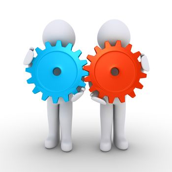 Two 3d people are holding connected cogwheels