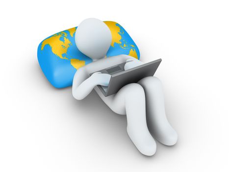 3d person using a laptop is lying on a pillow with the world map