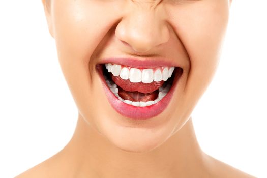 Angry woman, white background, isolated