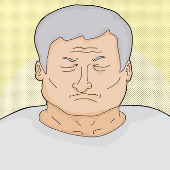 Dying man with eyes closed over halftone background