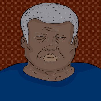Serious frowning mature Black man in blue