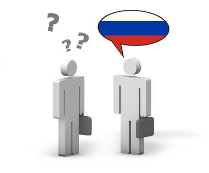 Business Russian concept with a funny conversation between two 3d people on white background. The man with the flag of Russia speaks a correct language, the other one no.