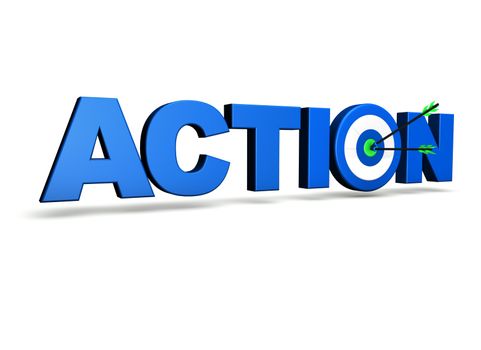 Hit the mark and business goals concept with blue action sign, target and arrows on white background.