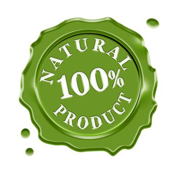 Green wax seal with central text 100 percent natural product, guarantee symbol for organic and biological food, isolated on white background.