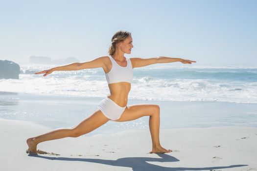 Gorgeous blonde in warrior pose by the sea on a sunny day