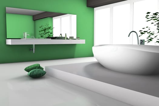 House interior of a modern green bathroom with bathtub and contemporary design 3d rendering.