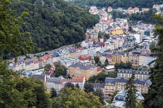 High angle view of the spa town of Karlovy Vary.