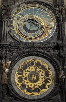 Close up view of the astronomical clock of Prague at night, Czech Republic.