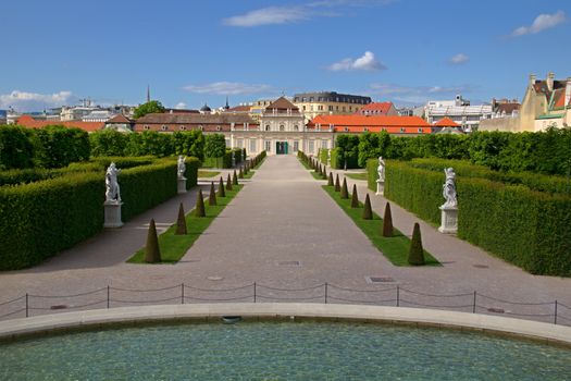 Photo shows general view of garden of Belvedere Palace.