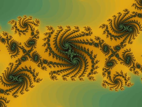 Digital computer graphic - rendering. Decorative fractal spiral in a yellow - green  colors for design.