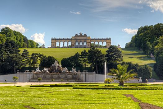 Photo shows general view of garden of Schonbrunn Palace.