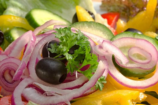 Photo shows details of various vegetable salad ingredients.