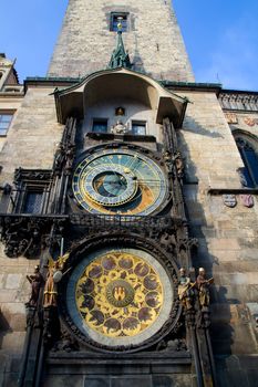 Photo captures details of Old Town Square Clocks in Prague, Czech republic.