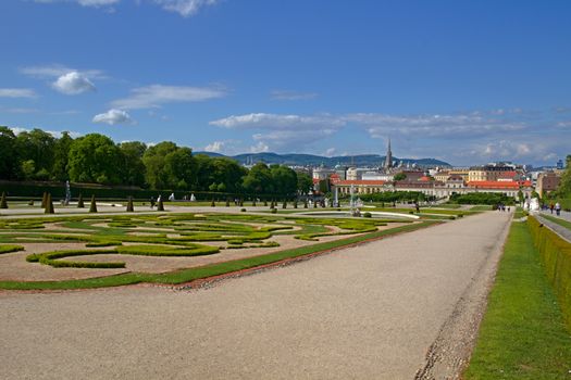 Photo shows general view of garden of Belvedere Palace.