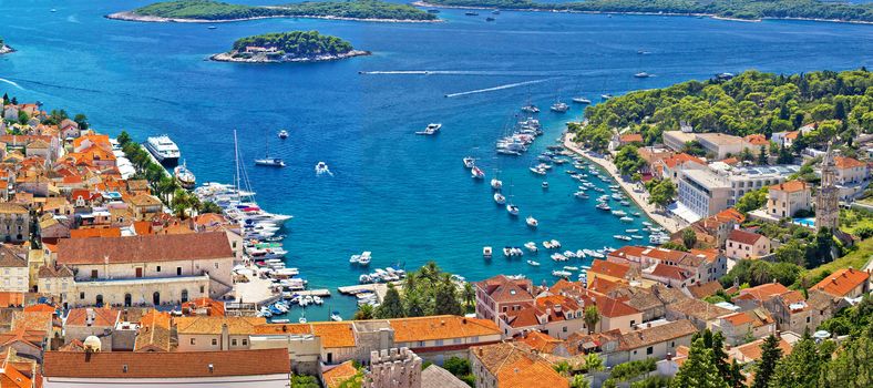 Hvar bay and yacht harbor aerial panoramic view