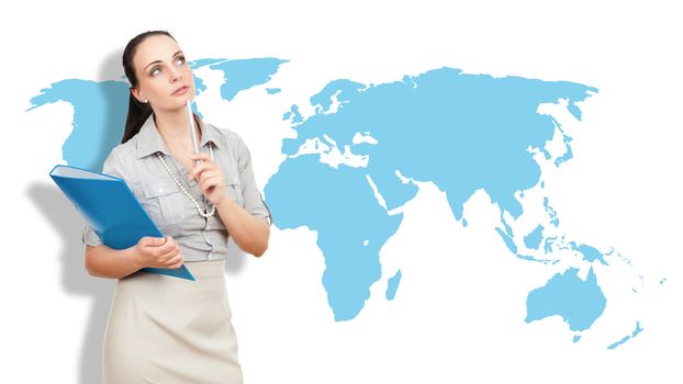 A business woman with a blue folder and a pencil in front of an earth map