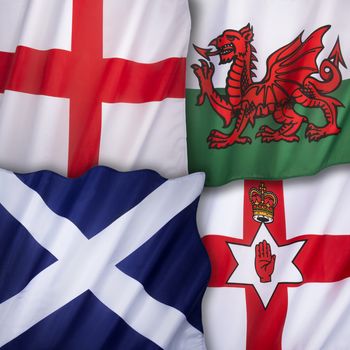 Flags of the United Kingdom of Great Britain - England, Scotland, Wales, Northern Ireland and the Union Flag.