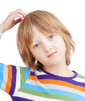 Portrait of a Boy with Blond Hair in Colorful Shirt - Isolated on White