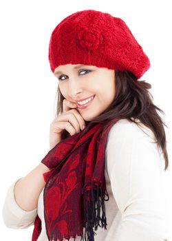 Young Woman in Red Cap and Scarf Smiling - Isolated on White