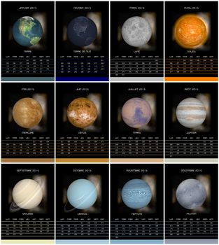 European french 2015 year calendar with week starting from monday and solar system planets